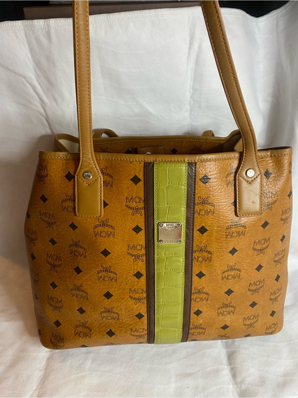 MCM Cognac Visetos Tote with Lime Stripe